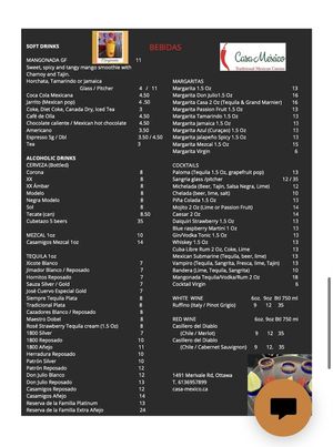 Menu  at Casa Mexico in Ottawa