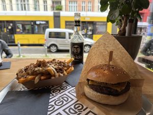 The Smashed Veg'D with Cheesy Mustard Fries 🤤.  at VEG'D - Vegan Burgers - P-Berg in Berlin