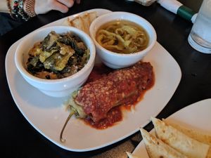Sampler- Greens, peppers w/ oil, and Stuffed pepper (vegan sausage inside was so good!) at The Flaming Icecube Cafe in Boardman