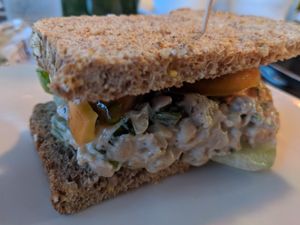 Tempeh "chicken" salad sandwich- perfect, taste, texture and not bitter (tempeh prepared well) at The Flaming Icecube Cafe in Boardman