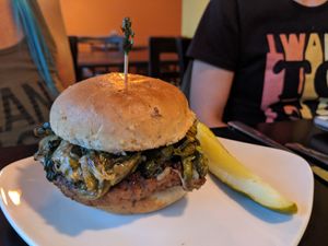 Northerner House-made burger + greens (seasoned perfectly- not too salty) at The Flaming Icecube Cafe in Boardman