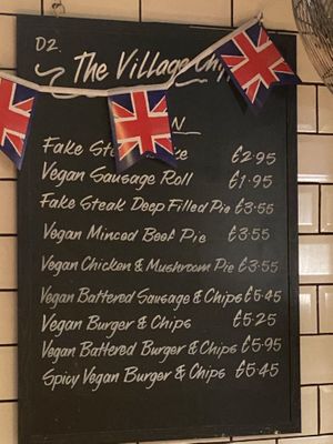 Vegan menu  at Village Fish & Chip Shop in Manchester