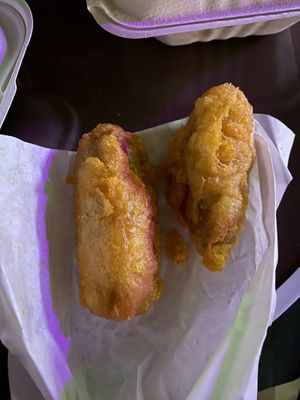 Vegan Battered sausages  at Village Fish & Chip Shop in Manchester