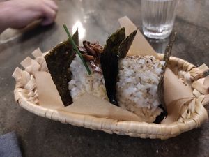 Rice balls with funghi at Musubu Cafe in Porto