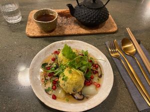 Tofu balls, mushrooms at Musubu Cafe in Porto