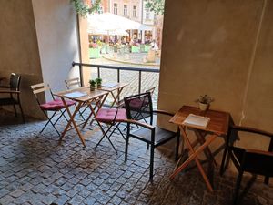 Outdoors seating area at Waffle Lab in Prague