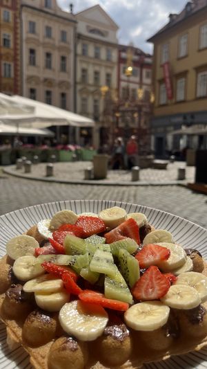 A chocolate sauce and mixed fruit  at Waffle Lab in Prague
