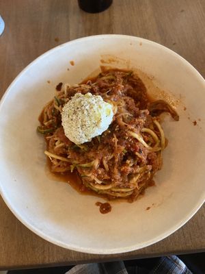 Finally tried the Mushroom Bolognese with Almond Ricotta. New favorite dish (both vegan and gluten-free).  at Flower Child in Tucson