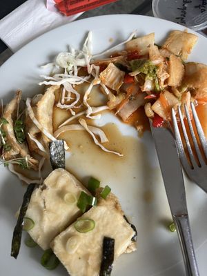 Gyozas, kimchi and fried tofu   at Nava Sushi in Scarborough