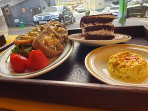 Sandwich with mushrooms, pesto, and other deliciousness.
Hummus on the side
Chocolate layered cake with ganache. at Cafe ohh good thing - 오굳띵 in Busan