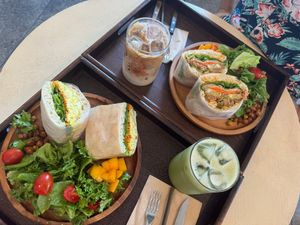 Both breakfast sandwiches, along with the Shake it Matcha and Vanilla Latte at Cafe ohh good thing - 오굳띵 in Busan