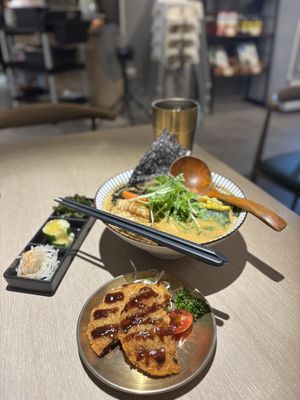 Soy milk udon with pork cutlets and the set meal triple dishes  at Yasai Shokudo - 有樹食 in Kaohsiung
