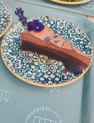 Soft chocolate cake with a layer of chocolate mousse on top, 70 sek. August 10th, 2025. at Tradgardscafe - Slottstradgarden Ulriksdal in Solna