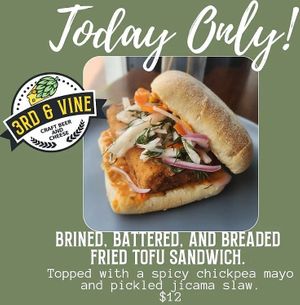 Brined Battered and Breaded Tofu Sandwich. at 3rd & Vine in Eau Claire