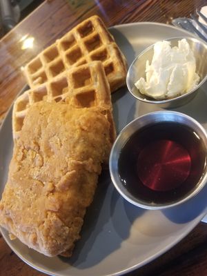 vegan tofu chik'n & waffles with Wisconsin maple syrup & whipped vegan butter at 3rd & Vine in Eau Claire