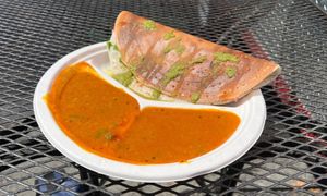 Uttapam. Soft lentil and rice crepe with sambar (vegetable lentil soup) VEGAN (just ask no paneer on uttapam and only bell peppers) at Rasa Higher Taste in San Francisco