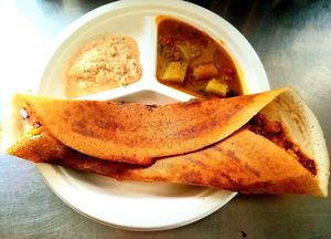 Masala Dosa. Crispy lentil crepe with vegetable soup and coconut chutney. VEGAN at Rasa Higher Taste in San Francisco