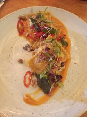 Butternut squash ravioli, pumpkin puree, with toasted walnuts at The Treehouse Restaurant in Alnwick