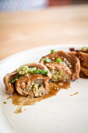 Innards of veggie dumplings at Mak Mak Organic  in Oceanside