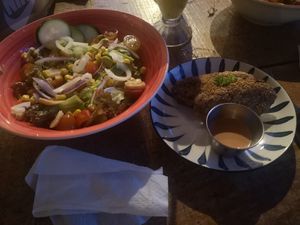 Salad with Nuggets (rather veggie, dressing contains honey) at Sasy in Santa Catalina