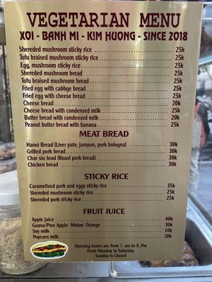 Updated menu and prices from 20th November 2022  at Xoi Banh Mi Kim Huong in Hanoi