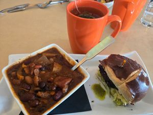 Combo w/Very Vegan Chili. Hearty & delicious, & the Falafel sandwich w/hummus, olive spread, dressing, lettuce & tomato. The Falafel is a homemade patty. at Third Coast Spice Cafe in Chesterton