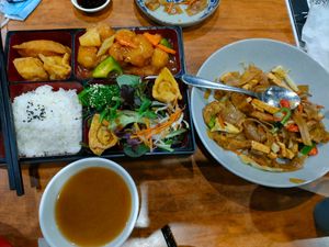 Sweet and sour pork bento box and char koay teow. at Tai Chi Veggie in Blackburn South