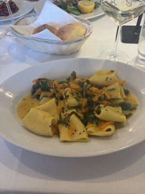 Vegan pasta of the day- lemon, carrot spinach pasta  at Ristorante Al Giardino in Taormina