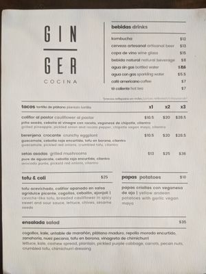 Menu - drinks and food at Ginger Cocina in Medellin