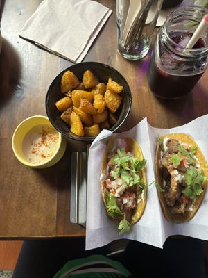 Amazing vegan food! Oyster mushroom tacos   at Ginger Cocina in Medellin