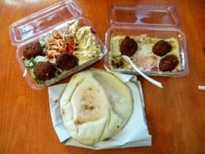 Falafel and hummus with pita at Tel Aviv Hummus House in Belgrade
