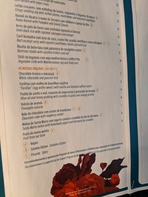 menu (vegan options labelled) at Magma in Sao Miguel