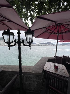 Outstanding view of Copacabana in open air tables   at Café 18 do Forte in Rio De Janeiro
