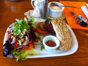 beetroot burger and organic salald at Bookstop Cafe in Kenmare