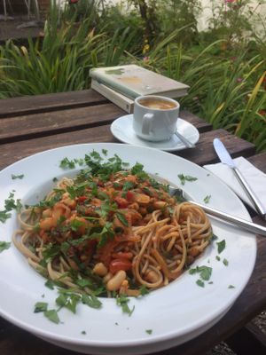 White bean ragu & brown pasta  at Bookstop Cafe in Kenmare