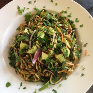 Spaghetti with homemade tomato pesto, balsamic vinegar and avocado. at Bookstop Cafe in Kenmare