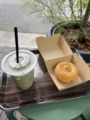 Iced matcha latte and marmalade donut   at Nukafuku ヌカフク in Hakone