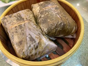 Sticky rice wraps with Omnipork (before opening) at Imperial Garden in San Francisco