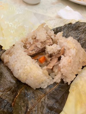 Sticky rice wraps with Omnipork (after opening) at Imperial Garden in San Francisco