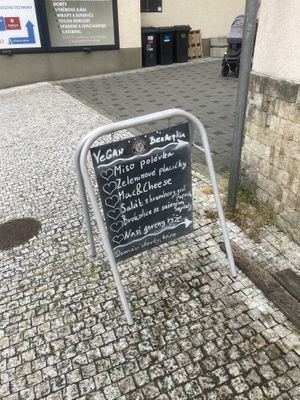 Usually a sign outside, cafe itself is hidden back around a corner  at Dary Země in Roznov Pod Radhostem