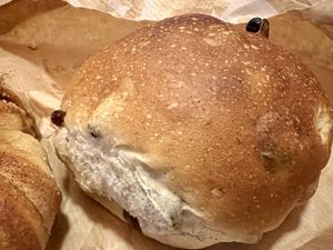 Bun with currants   at Godt Brød Munch Brygge in Oslo