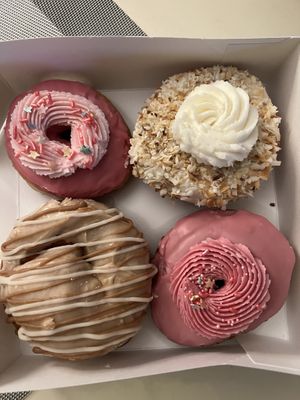 Barbie Red Velvet, Coconut Cream, Cinnamon Donuts 🍩   at Bitchin Donuts in Albany