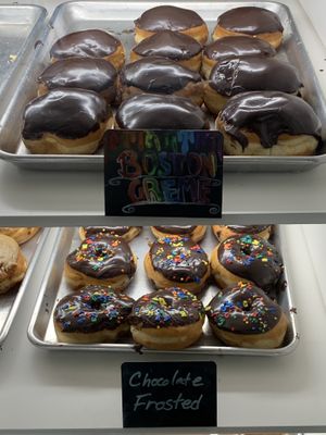 Some of the choices, there are two standing fridges filled with options.  at Bitchin Donuts in Albany