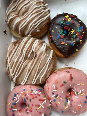 Vegan Strawberry, and chocolate glazed donuts and cinnamon donuts 🍩   at Bitchin Donuts in Albany