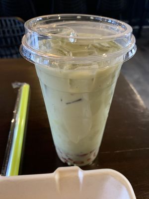 Motcha with Oat milk I believe. Just thought it was red round boba. Believe they were heart shaped. Nice little touch to go with the Hello Kitty themed matcha.  at Bitchin Donuts in Albany