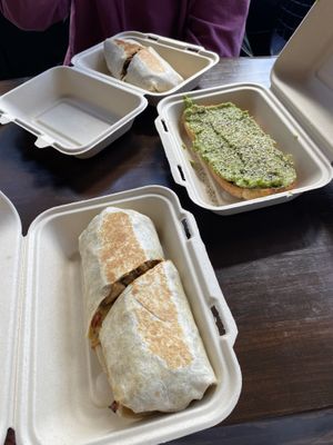 Breakfast burritos and avo toast  at Bitchin Donuts in Albany