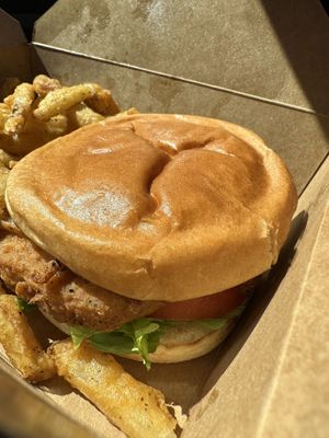 Chicken sandwich with fries  at Bitchin Donuts in Albany