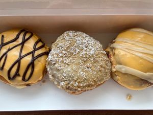 Pumpkin butterscotch, blueberry crumb cake and pumpkin mocha hazelnut - this last one had little chocolate chips in the cream filling and it was such a delicious surprise! at Bitchin Donuts in Albany