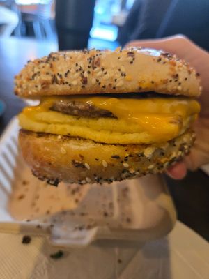 sausage egg and cheese on everything bagel at Bitchin Donuts in Albany