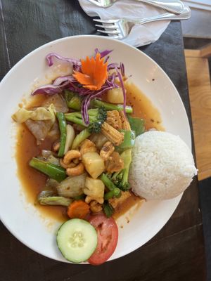 Cashew nut sauce stir fry + tofu/veg  at Green Elephants Thai Vegan in Watkins Glen